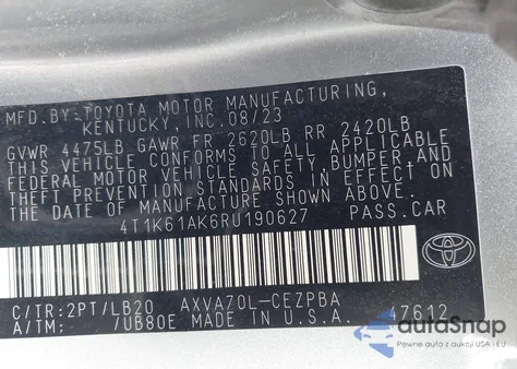 2024 Toyota Camry Xse z USA, uszkodzony, nr VIN 4T1K61AK6RU190627